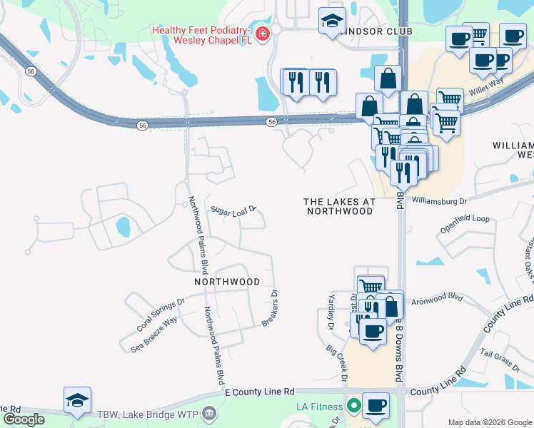 map of restaurants, bars, coffee shops, grocery stores, and more near 27534 Sugar Loaf Drive in Wesley Chapel