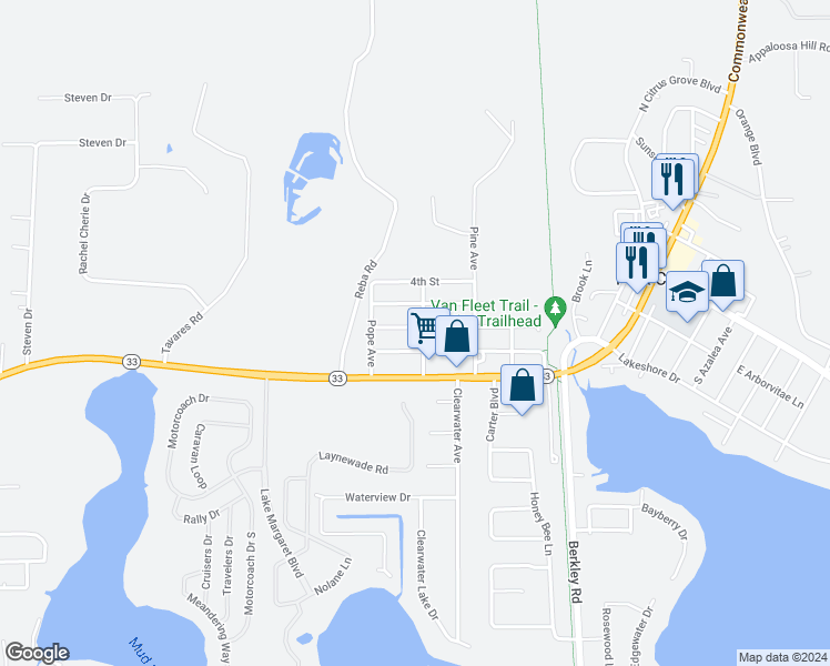 map of restaurants, bars, coffee shops, grocery stores, and more near 707 2nd Street in Polk City