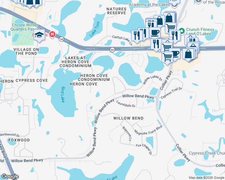 map of restaurants, bars, coffee shops, grocery stores, and more near 22411 Willow Lakes Drive in Lutz