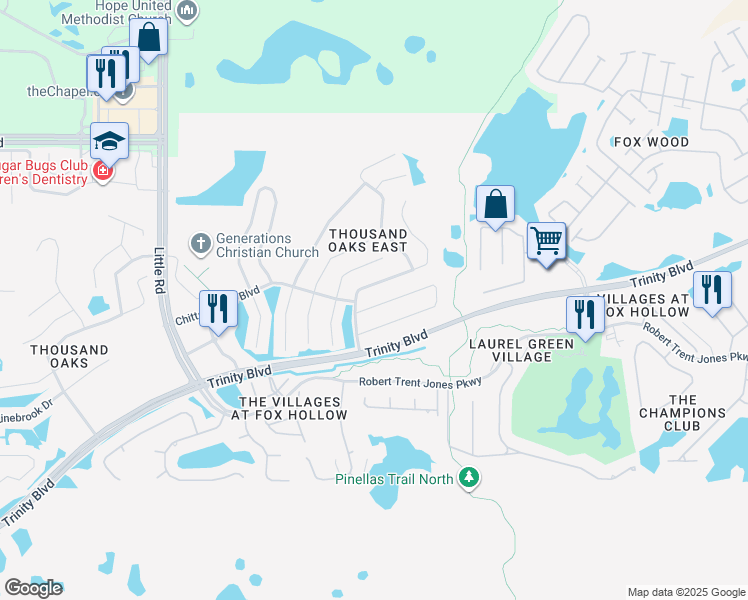 map of restaurants, bars, coffee shops, grocery stores, and more near 9461 Trumpet Vine Loop in Trinity