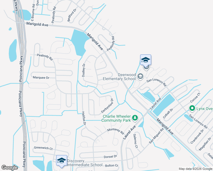 map of restaurants, bars, coffee shops, grocery stores, and more near 10 Peterlee Court in Kissimmee