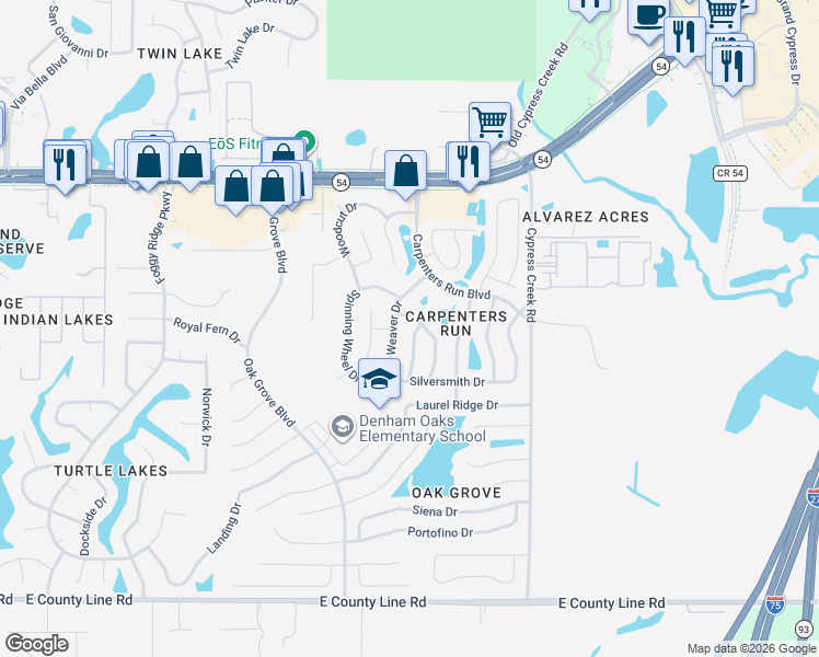 map of restaurants, bars, coffee shops, grocery stores, and more near 1614 Weaver Drive in Lutz