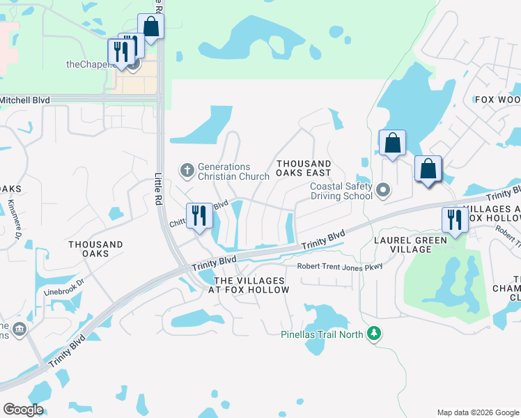 map of restaurants, bars, coffee shops, grocery stores, and more near 1449 Kaffir Lily Court in Trinity