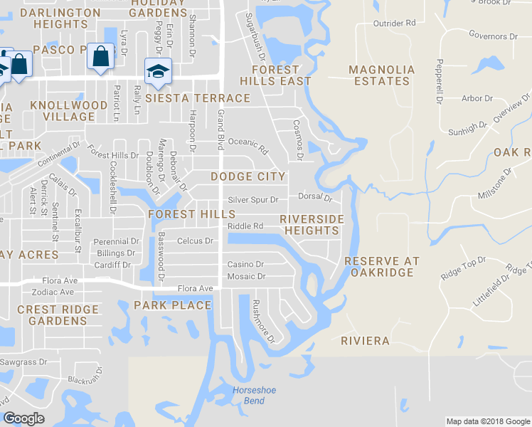 map of restaurants, bars, coffee shops, grocery stores, and more near 5637 Cheyenne Drive in Holiday