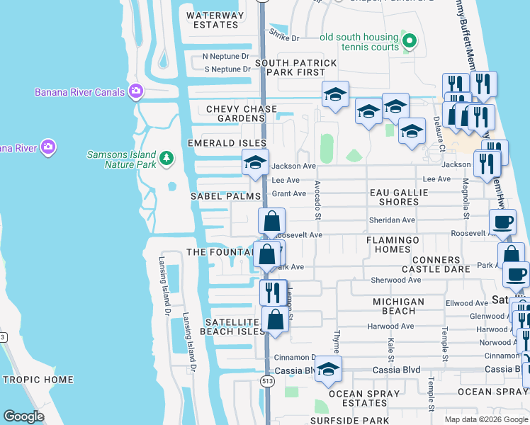 map of restaurants, bars, coffee shops, grocery stores, and more near South Patrick Drive in Satellite Beach