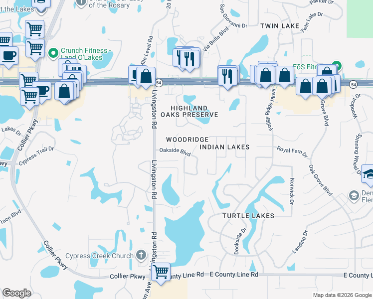 map of restaurants, bars, coffee shops, grocery stores, and more near 23635 Oakside Boulevard in Lutz