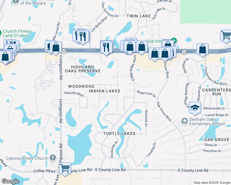 map of restaurants, bars, coffee shops, grocery stores, and more near 1614 Totem Pole Way in Lutz