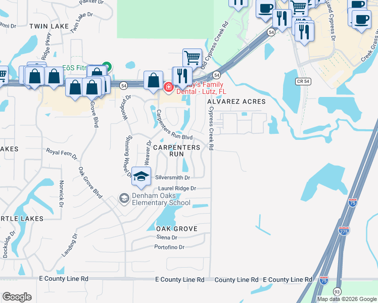 map of restaurants, bars, coffee shops, grocery stores, and more near 1625 Gardner Drive in Lutz