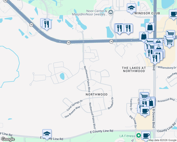 map of restaurants, bars, coffee shops, grocery stores, and more near 1643 Marumbi Court in Wesley Chapel