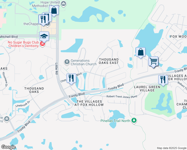 map of restaurants, bars, coffee shops, grocery stores, and more near 1503 Kaffir Lily Court in Trinity