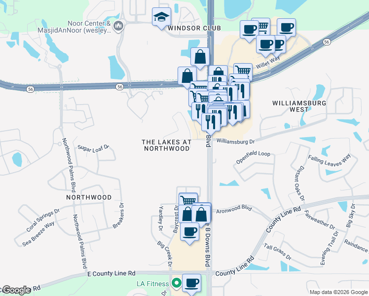map of restaurants, bars, coffee shops, grocery stores, and more near 1631 Fennsbury Court in Wesley Chapel