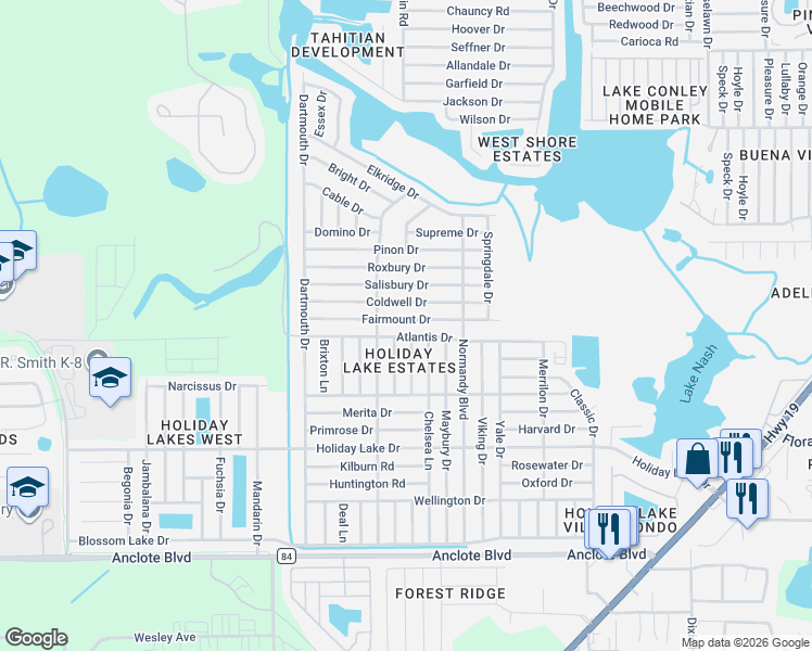 map of restaurants, bars, coffee shops, grocery stores, and more near 1452 Weyford Lane in Holiday
