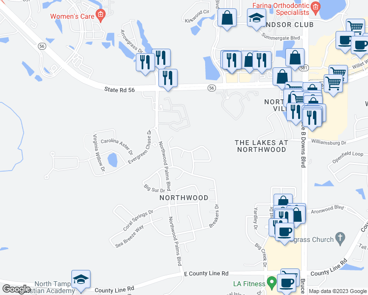 map of restaurants, bars, coffee shops, grocery stores, and more near 27722 Sugar Loaf Drive in Wesley Chapel