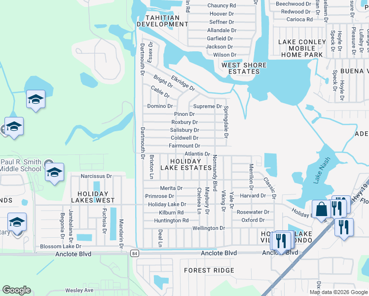 map of restaurants, bars, coffee shops, grocery stores, and more near 1452 Solar Drive in Holiday