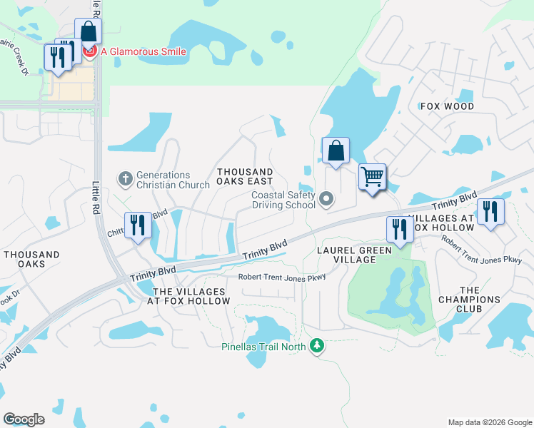map of restaurants, bars, coffee shops, grocery stores, and more near 9774 Trumpet Vine Loop in Trinity