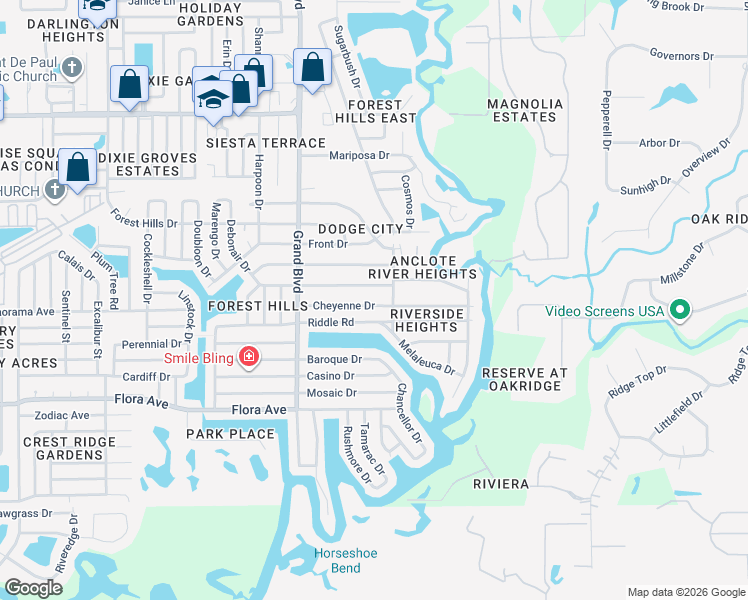 map of restaurants, bars, coffee shops, grocery stores, and more near 5701 Cheyenne Drive in Holiday