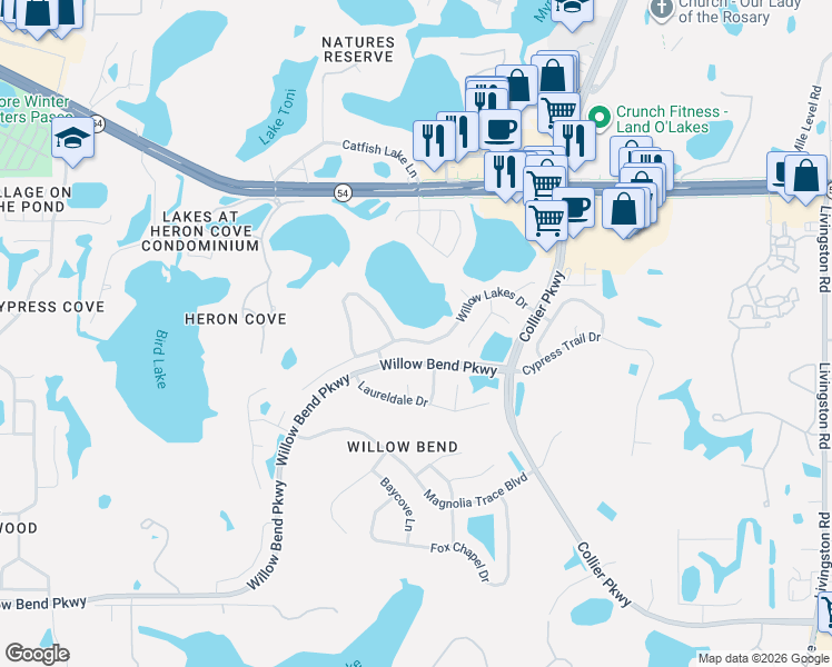 map of restaurants, bars, coffee shops, grocery stores, and more near 22538 Willow Lakes Drive in Lutz