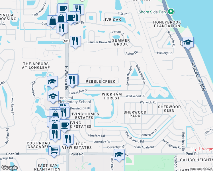 map of restaurants, bars, coffee shops, grocery stores, and more near 2968 Pebble Creek Street in Melbourne