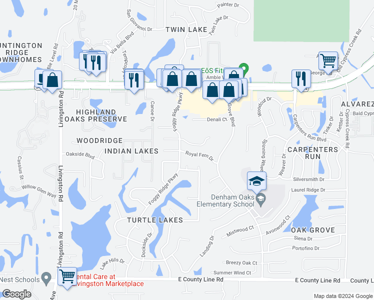 map of restaurants, bars, coffee shops, grocery stores, and more near 24129 Royal Fern Drive in Lutz