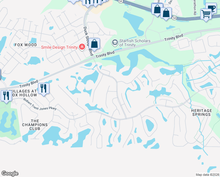 map of restaurants, bars, coffee shops, grocery stores, and more near 1452 Canberley Court in Trinity