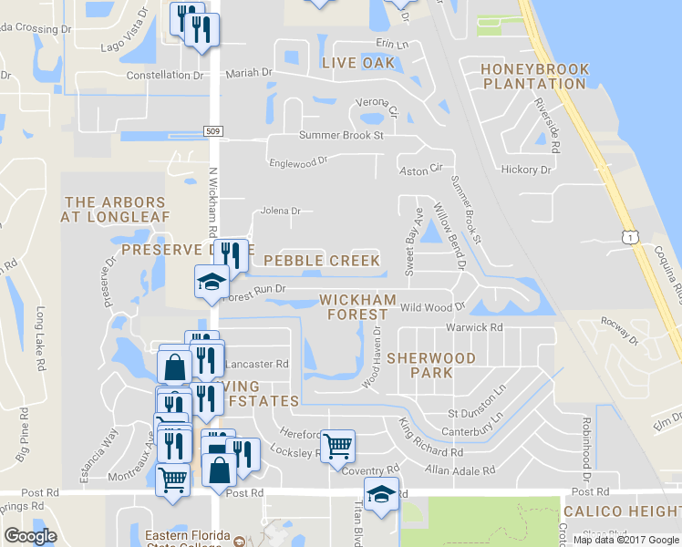 map of restaurants, bars, coffee shops, grocery stores, and more near 2968 Pebble Creek Street in Melbourne