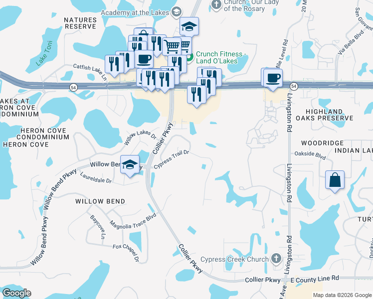 map of restaurants, bars, coffee shops, grocery stores, and more near 22922 Cypress Trail Drive in Lutz