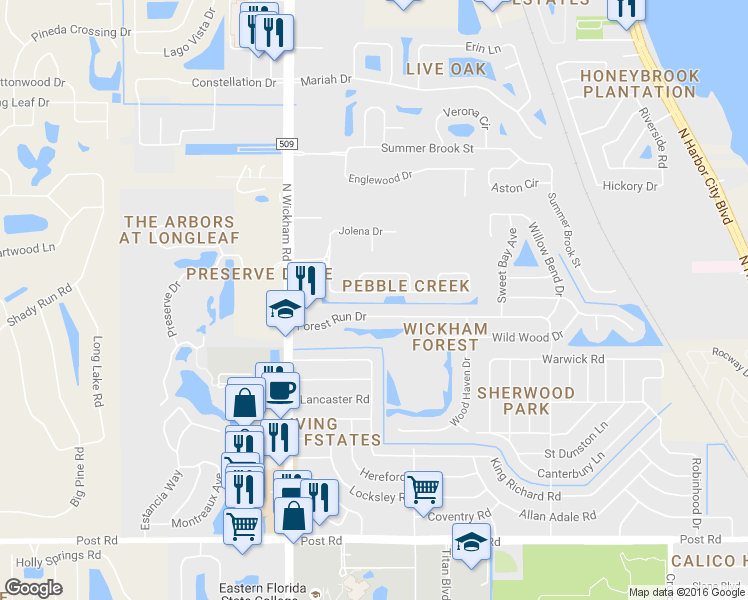 map of restaurants, bars, coffee shops, grocery stores, and more near 2790 Forest Run Drive in Melbourne