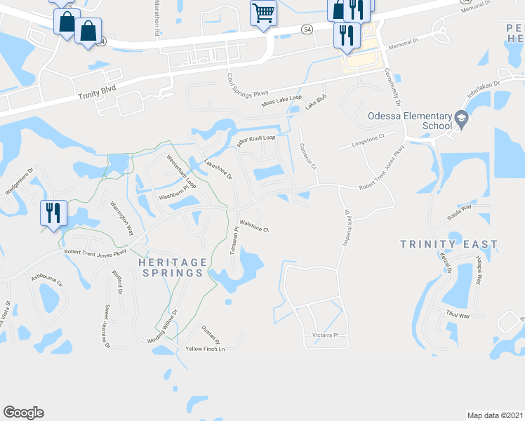 map of restaurants, bars, coffee shops, grocery stores, and more near 1524 Avada Court in Trinity