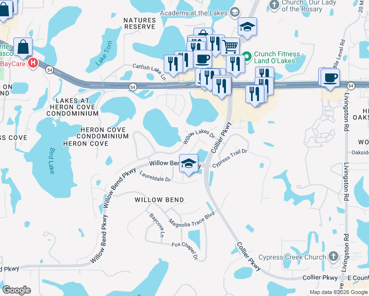 map of restaurants, bars, coffee shops, grocery stores, and more near 1614 Glen Oak Lane in Lutz