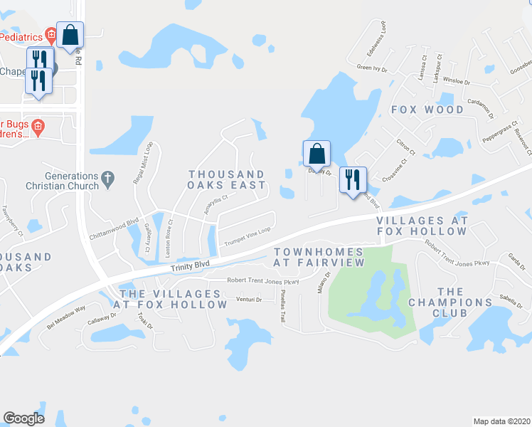map of restaurants, bars, coffee shops, grocery stores, and more near 9540 Trumpet Vine Loop in Trinity