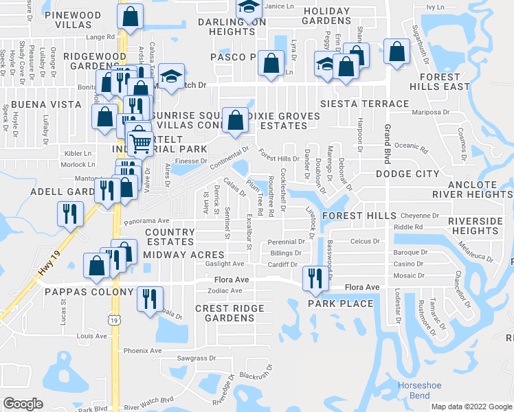 map of restaurants, bars, coffee shops, grocery stores, and more near 1539 Roundtree Road in Holiday