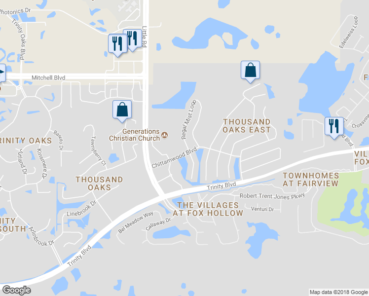 map of restaurants, bars, coffee shops, grocery stores, and more near 1533 Regal Mist Loop in Trinity