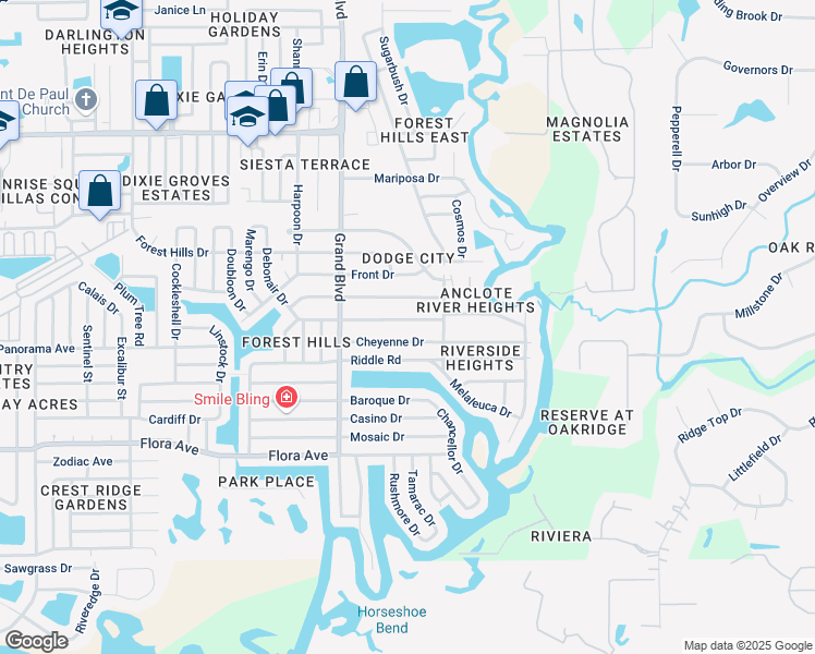 map of restaurants, bars, coffee shops, grocery stores, and more near 5636 Silver Spur Drive in Holiday