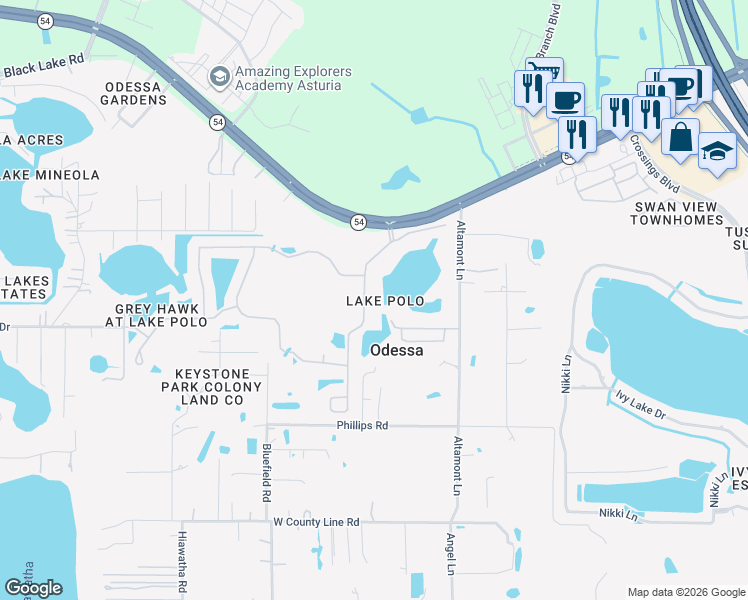map of restaurants, bars, coffee shops, grocery stores, and more near 1548 Lake Polo Road in Odessa
