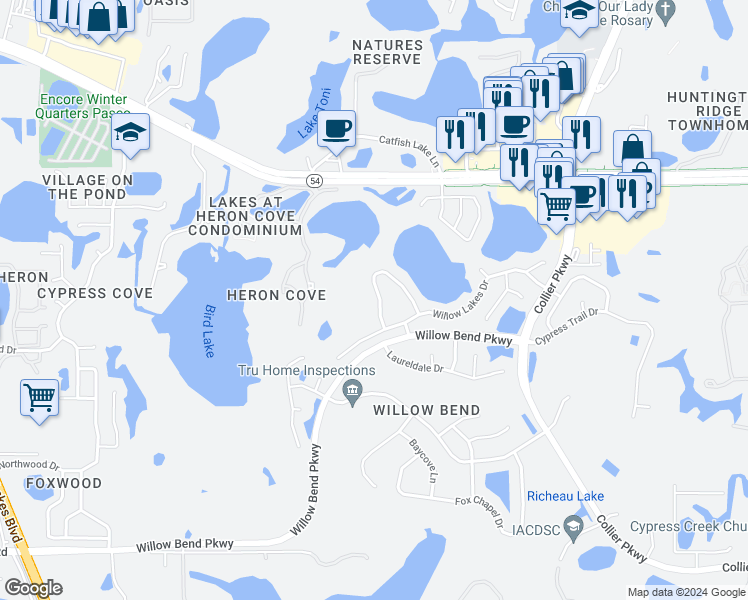 map of restaurants, bars, coffee shops, grocery stores, and more near 1720 Audubon Trail in Lutz