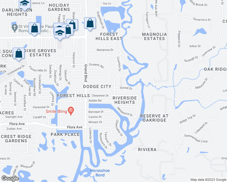 map of restaurants, bars, coffee shops, grocery stores, and more near 1525 Swordbill Drive in Holiday