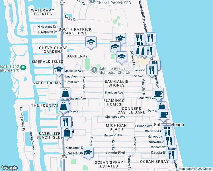map of restaurants, bars, coffee shops, grocery stores, and more near 390 Grant Avenue in Satellite Beach