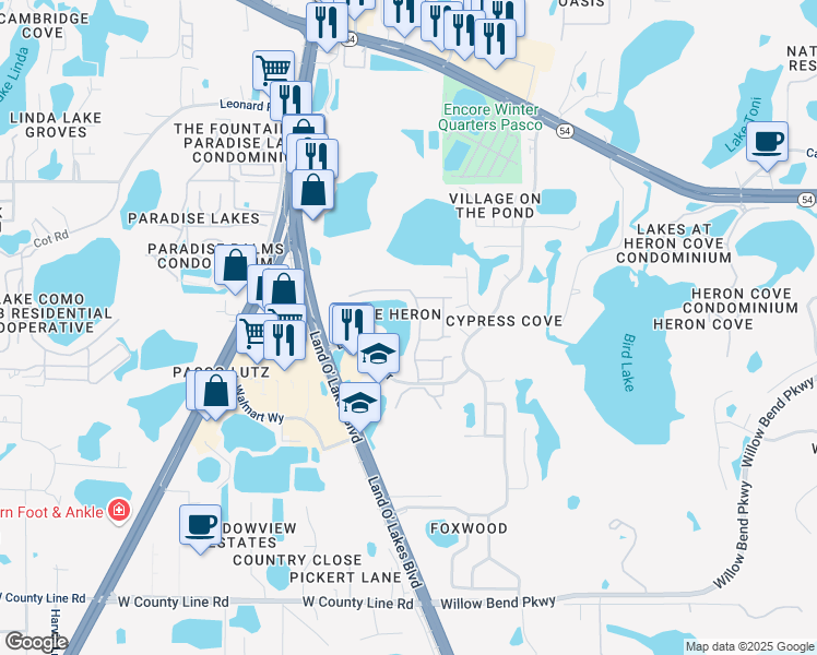 map of restaurants, bars, coffee shops, grocery stores, and more near 1735 Lake Heron Drive in Lutz