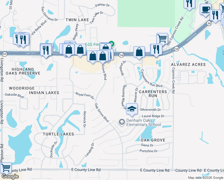 map of restaurants, bars, coffee shops, grocery stores, and more near 24404 Crosscut Road in Lutz