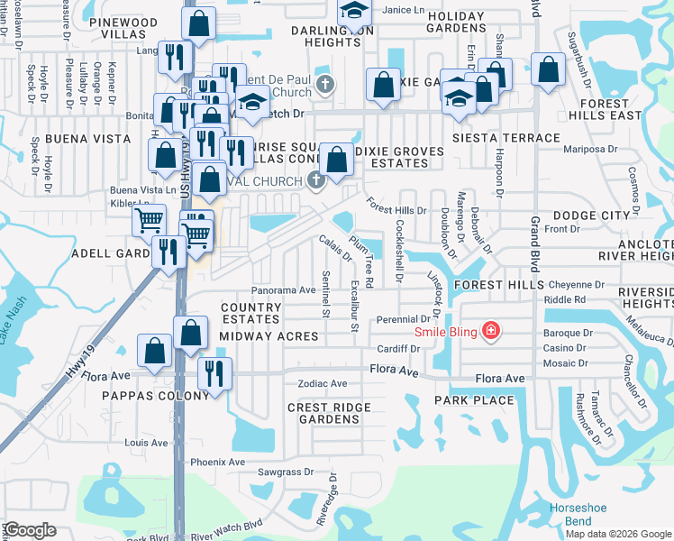 map of restaurants, bars, coffee shops, grocery stores, and more near 1527 Toledo Street in Holiday