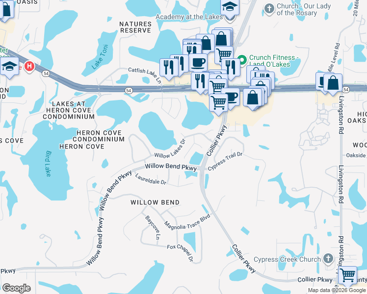 map of restaurants, bars, coffee shops, grocery stores, and more near 22644 Willow Lakes Drive in Lutz
