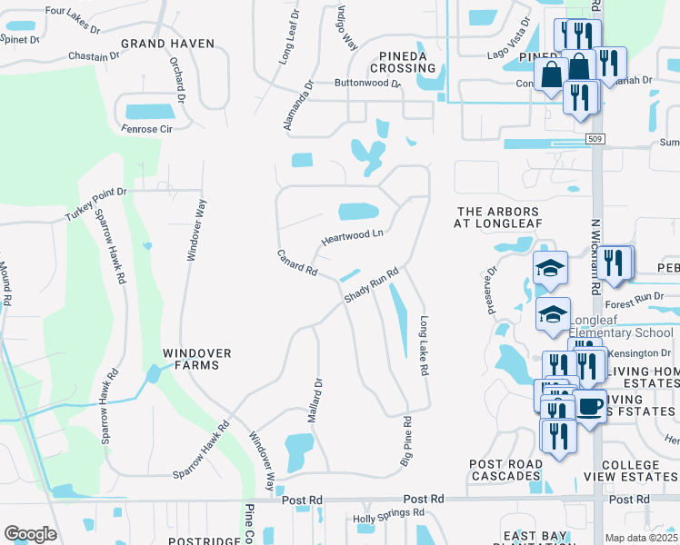 map of restaurants, bars, coffee shops, grocery stores, and more near 4513 Canard Road in Melbourne
