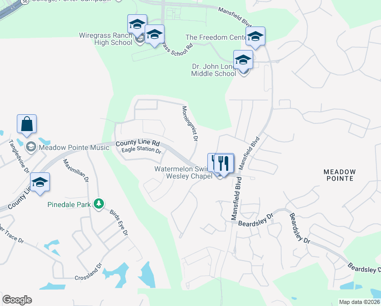 map of restaurants, bars, coffee shops, grocery stores, and more near 30052 Morningmist Drive in Zephyrhills