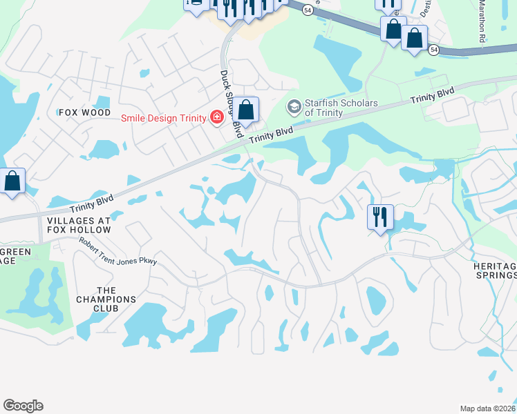 map of restaurants, bars, coffee shops, grocery stores, and more near 1543 Morning Rose Place in Trinity