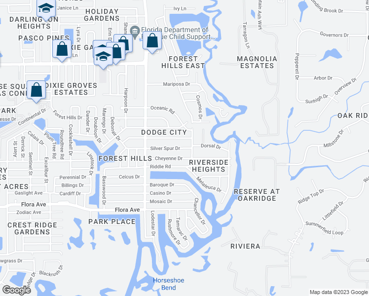 map of restaurants, bars, coffee shops, grocery stores, and more near 5705 Silver Spur Drive in Holiday