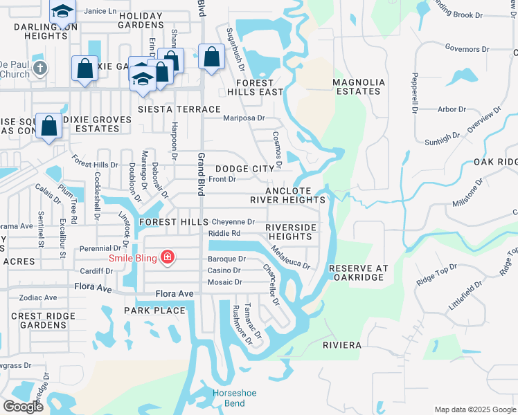 map of restaurants, bars, coffee shops, grocery stores, and more near 5711 Silver Spur Drive in Holiday
