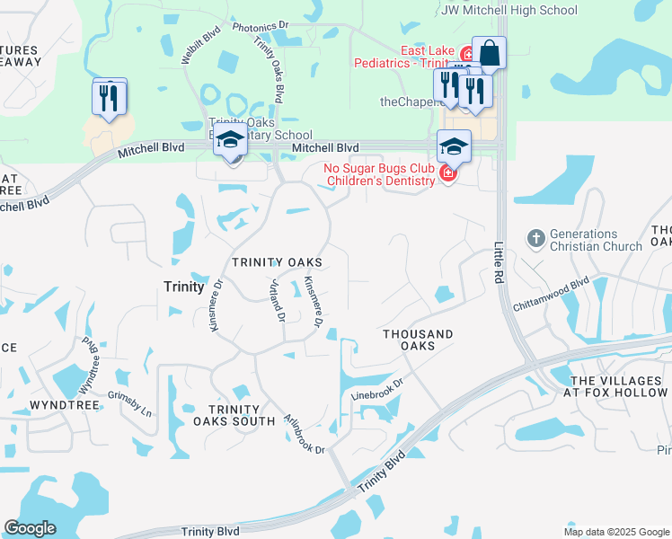 map of restaurants, bars, coffee shops, grocery stores, and more near 1560 Jutland Drive in Trinity