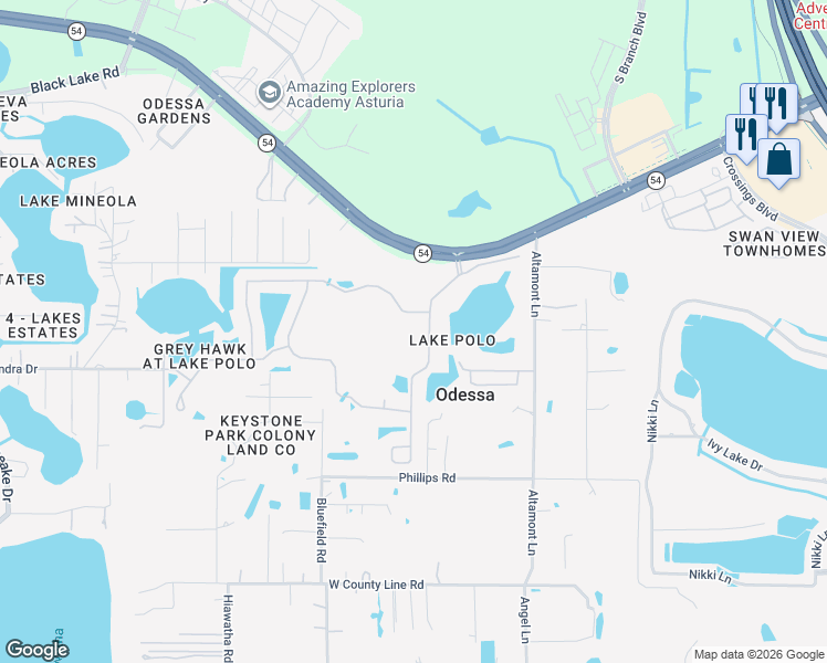 map of restaurants, bars, coffee shops, grocery stores, and more near 15438 Azra Drive in Odessa
