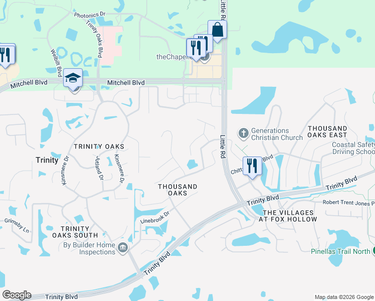 map of restaurants, bars, coffee shops, grocery stores, and more near 1549 Stipule Court in Trinity