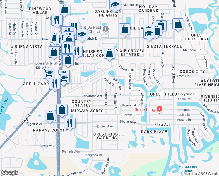 map of restaurants, bars, coffee shops, grocery stores, and more near 4935 Calais Drive in Holiday